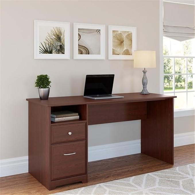 Bush Home Cabot 60W Computer Desk with Drawers in Harvest Cherry, Workstation and File Storage, Desktop with Organization Solution for Home Office