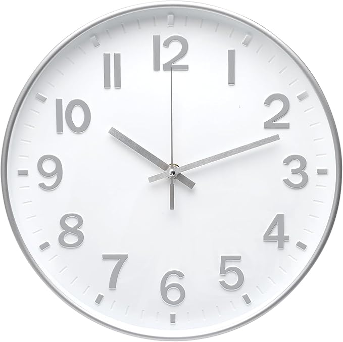 Wall Clock 12 In White-Silver Modern Simple Quartz Decorative Clock Non-Ticking Silent Battery Operated Round Wall Clocks Trendy and Practical Best Gift for Living Room Bedroom Kitchen Office
