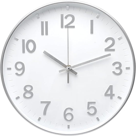 Wall Clock 12 In White-Silver Modern Simple Quartz Decorative Clock Non-Ticking Silent Battery Operated Round Wall Clocks Trendy and Practical Best Gift for Living Room Bedroom Kitchen Office