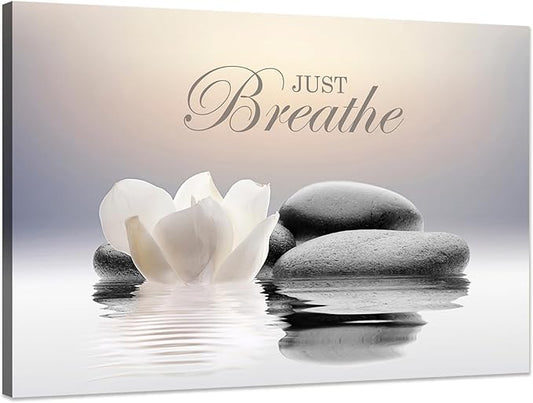 Zen Stone Canvas Wall Art Just Breathe Yoga Quotes Poster for Spa Decor White Lotus Flower Pictures Prints for Bathroom Modern Spiritual Artwork Framed (12 x 16inches)