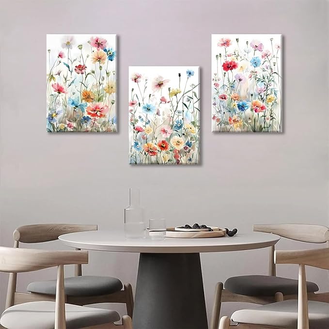 KISSFOX Framed Colorful Wildflower Canvas Wall Art Set Of 3 Flowers Pictures Prints Flowers Printing Floral Watercolors Flower wall Decor Living Room Girls Bedroom Bathroom