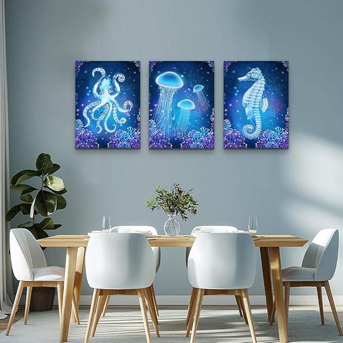 blue Ocean Life Theme Canvas Prints Wall Art Paintings for Living Room Wall Artworks Sea Animal sea horse Octopus jellyfish Pictures Bedroom Decorations 3 Panels Home bathroom Wall decor posters