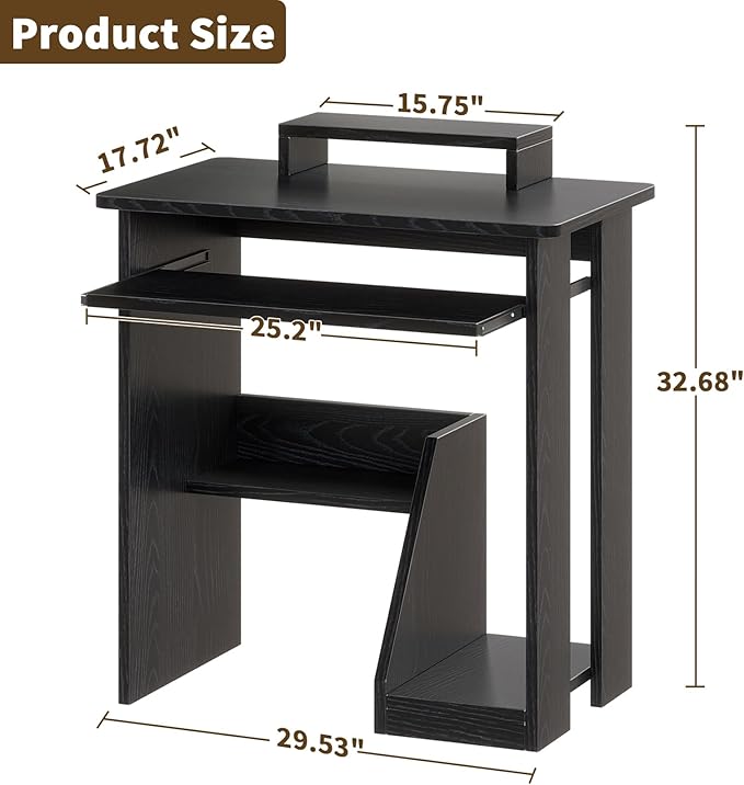 ALISENED 30" Small Computer Desk with Keyboard Tray Monitor Stand, Study Writing Desk with Storage Shelves, Modern Workstation for Small Spaces, Save Space, Black A