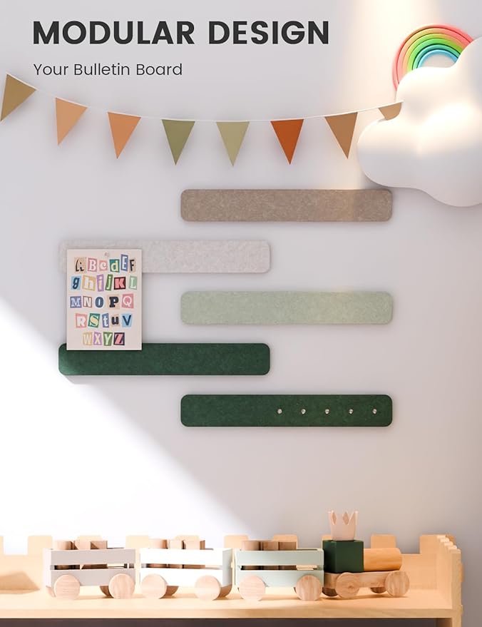 Fluxynara Cork Board Alternative Felt Strip Board 5-Pack 13"x2", Office Pin Board with 35 Push Pins, Adhesive Install for Bedroom Door & Home Office(Nordic Moss)
