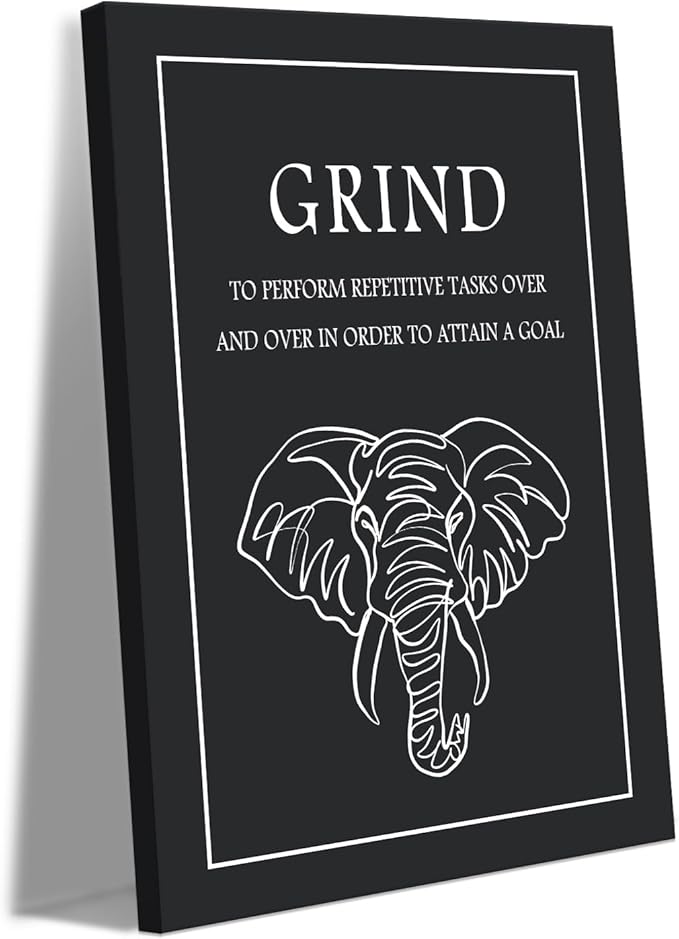 Grind Inspirational Wall Art - Black and White Elephant Head Canvas Print with Encouraging Quote, Success Painting Motivational Quotes Wall Decor for Office Home Gym Living Room, Framed 28"x44"