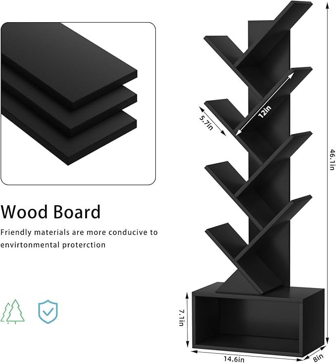 9 Tier Tree Bookshelf,Christmas Green Bookcase for Narrow Space, Storage Organizer Floor Standing Bookshelves for Books, Tall Book Case for Home Office, Living Room, Bedroom