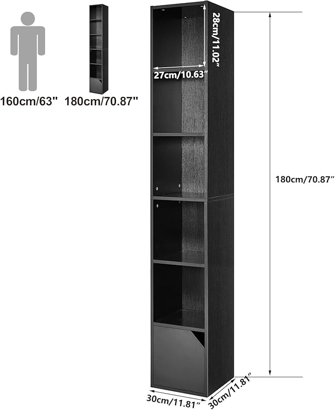 IBUYKE 6 Tier Narrow Bookcase with Doors, Cube CD DVD Storage Cabinet,Slim Media Tower Rack,Cabinet,Black Bookcase Display Storage Shelves for Small Spaces,for Home Office Black UWBC001B
