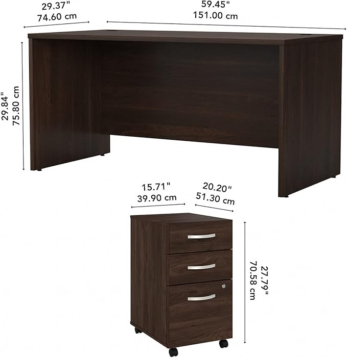 Bush Business Furniture Studio C Office Desk with Mobile File Cabinet, 60W x 30D, Black Walnut