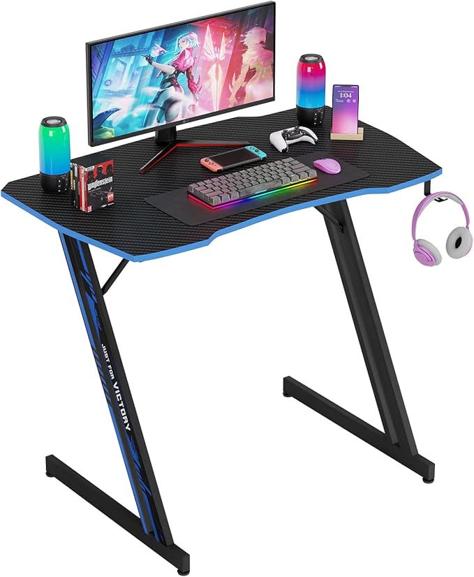 PayLessHere | 35" Gaming Table | Blue | Z-Shaped Computer Desk with Steel Frame, Headphone Hook, Adjustable Feet | Carbon Fiber Texture Surface, Sweat & Waterproof | for Gaming, Home Office