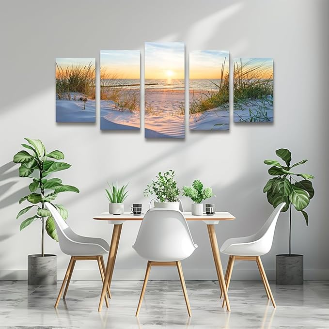 Canvas Wall Art For Living Room Large Size Wall Decor For Bedrooms Beach Grass Blue Ocean Landscape Painting Office Wall Decorations Seascape Print Canvas Pictures Artwork Home Decor Works 5 Piece