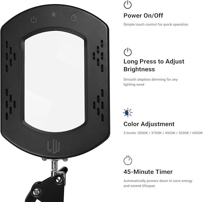 LIWEGHT 15x Square Magnifying Glass with Light and Stand, 5 Color Stepless Dimmable 2-in-1 Magnifier Desk Lamp & Clamp, Hands-Free Magnifying Glass for Reading Craft Work (Timer Function)