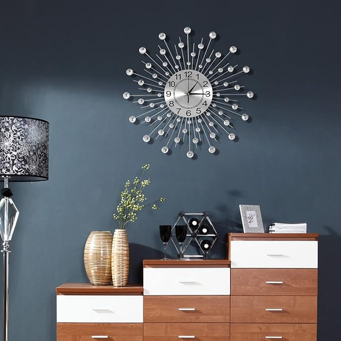 28 Inch Silver Crystal Large Modern Metal Starburst Decor, Bling Crystal Wall Clock for Kitchen Office Bedroom Living Room Decorative