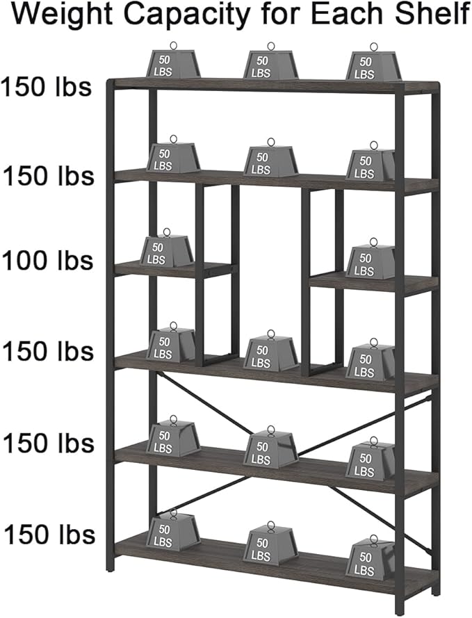 LVB Industrial Tall Bookshelf, Modern Wood Metal 6 Tier Book Shelf, Farmhouse Large 6 Shelf Etagere Bookcase, Open Wide Storage Bookshelves and Bookcases for Bedroom Living Room Office, Dark Gray Oak
