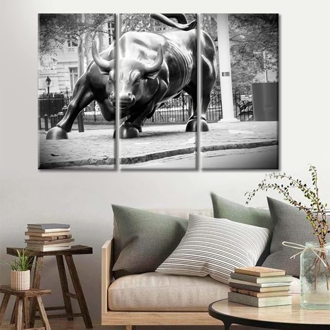 TUMOVO Black and White Canvas Wall Art Multi Panel Wall Street Bull Canvas Prints Pictures Modern Artwork for Bedroom Home Decorations Posters Stretched Framed Ready to Hang - 36" Wx24 H