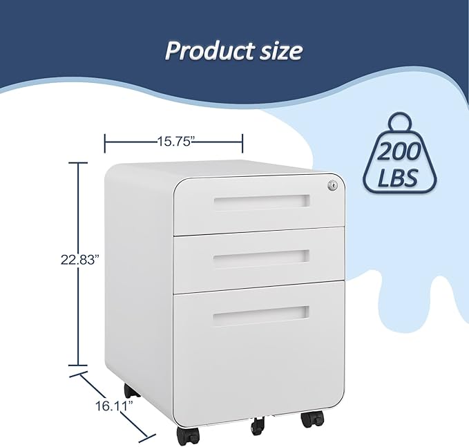 3 Drawer Mobile File Cabinet with Lock, Under Desk Storage Filing Cabinet for Home Office, Small Rolling File Cabinet for Legal, Letter and A4 Files (White)