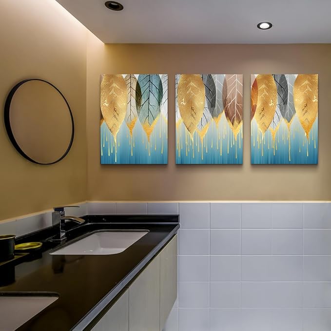 DZRWUBHS Fashion Golden Leaves Abstract Paintings Wall Art for Living Room Family Wall Decor for Bedroom Wall Decorations for Kitchen Canvas Art Hang Pictures Artwork Large Home Decoration 3 Pieces