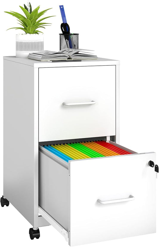 2 Drawer File Cabinet on Wheels, Mobile Filing Cabinets with Lock, Metal Storage Cabinet, Vertical Filing Cabinets for Home Office, Rolling File Cabinets for Under Desk,Amssebly Required,White