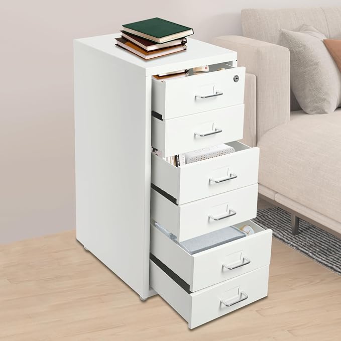 6 Drawer Vertical File Cabinet, 27" Lockable Metal Storage Cabinet with 4 Wheels, Mobile Filing Organization Under Desk for Office, Study, Dresser (White)