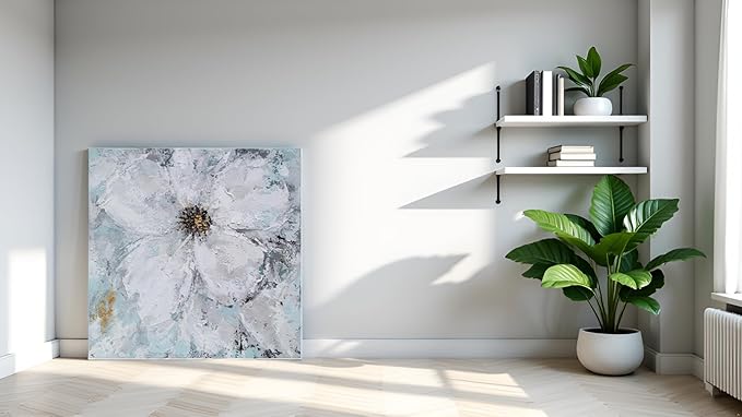 Yihui Arts White Flower Painting - Hand Painted Grey Floral Canvas Wall Art for Home Decor