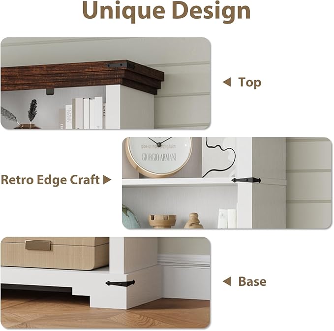 5-Tier Farmhouse Bookshelf, 61.1 inch Tall Bookcase with Storage & Unique Design & One Adjustable Shelf, Wooden Bookshelf for Study Room, Living Room, Home Office, Bedroom (White)