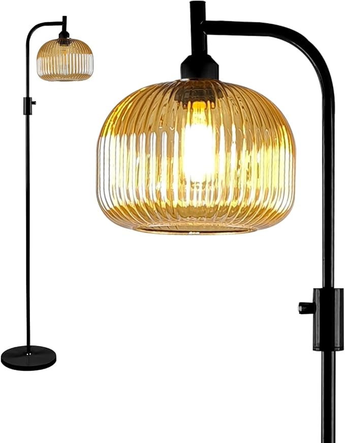 Lightdot 64IN Glass Floor Lamp for Living Room, Dimmable Modern Standing Lamps with Brown Ribbed Glass Shade, Industrial Floor Lamp with Bulb Included for Bedroom/Sofa Beside/Corner Decor-Black