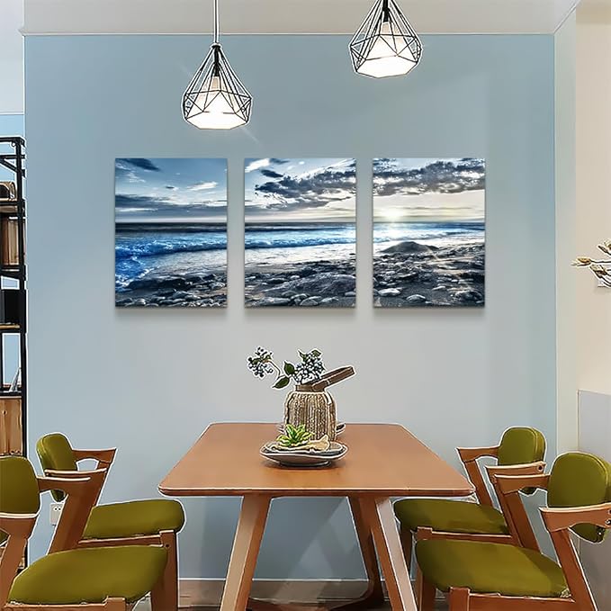 DZRWUBHS Blue Beach Sea Wave Paintings Large Wall Decor for Living Room Canvas Art for Bedroom Office Decorations Sun Ocean Seascape Pictures Artwork Modern Room Home Decor 3 Panels