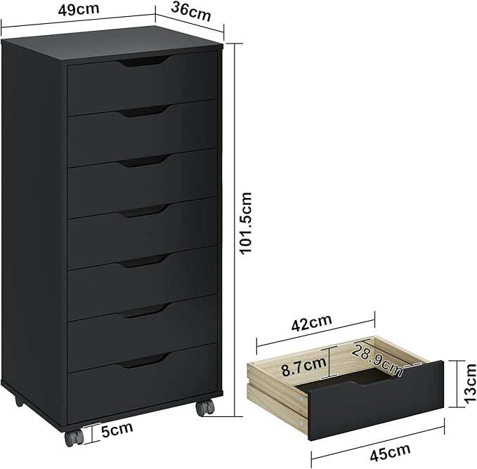 Panana 7 Drawer Mobile File Cabinet, Wooden Under Desk Storage with Wheels Office Organization Vertical Filing Chest of Drawers for Home Office (Black)