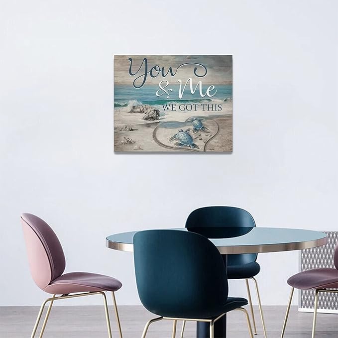 yerretin Beach Sea Turtle Bathroom Wall Art Ocean Turtle Pictures Wall Decor Coastal Nautical Seascape Canvas Painting Love Artwork Home Decoration for Bedroom Office Framed 20"x16"