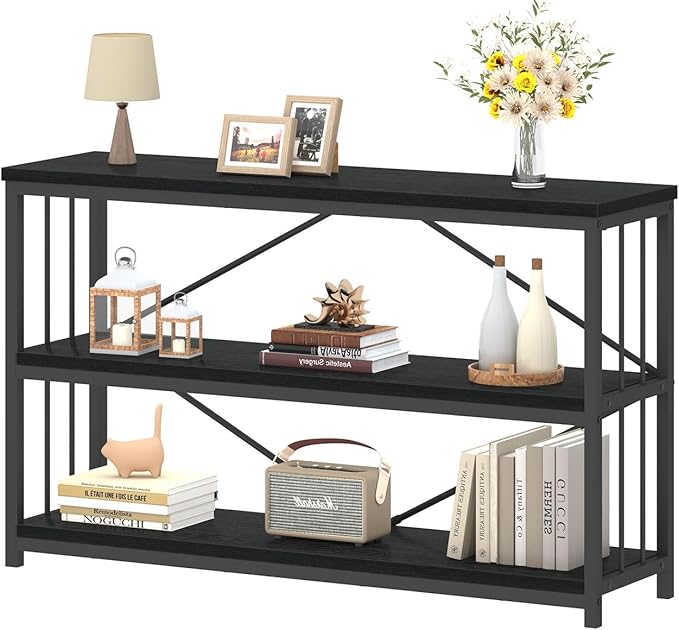 IBF Low Horizontal Book Shelf, Industrial Modern 3 Tier Bookshelf, Farmhouse Short Open Storage Organizer Long Shelf, Simple Wide Wood Metal Sturdy Etagere for Bedroom Living Room, Black Oak, 47 in
