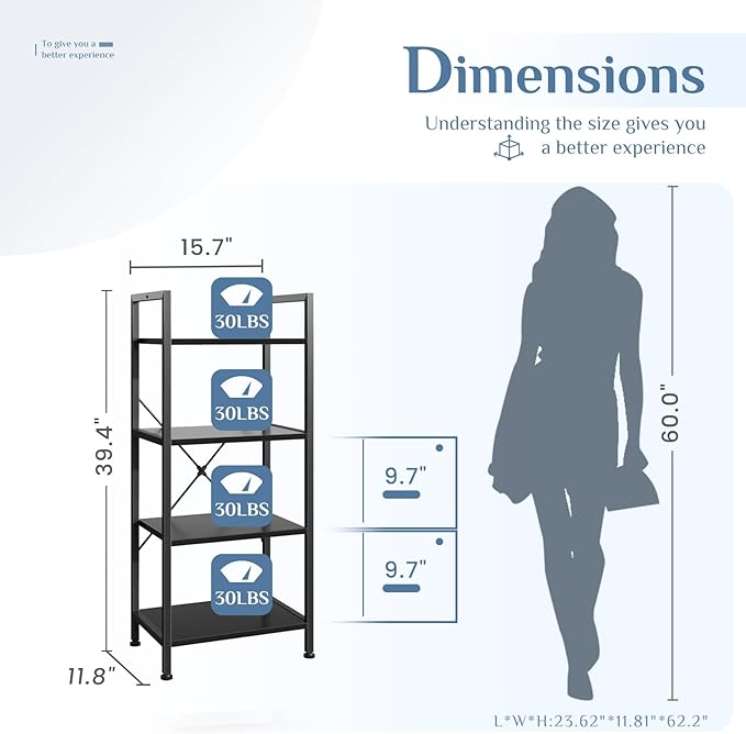 DUMOS 4 Tiers Bookshelf, Classical Book Shelf, Tall Display Shelves in Living Room/Home/Office, Storage Organizer for CDs/Books/Movies, Black