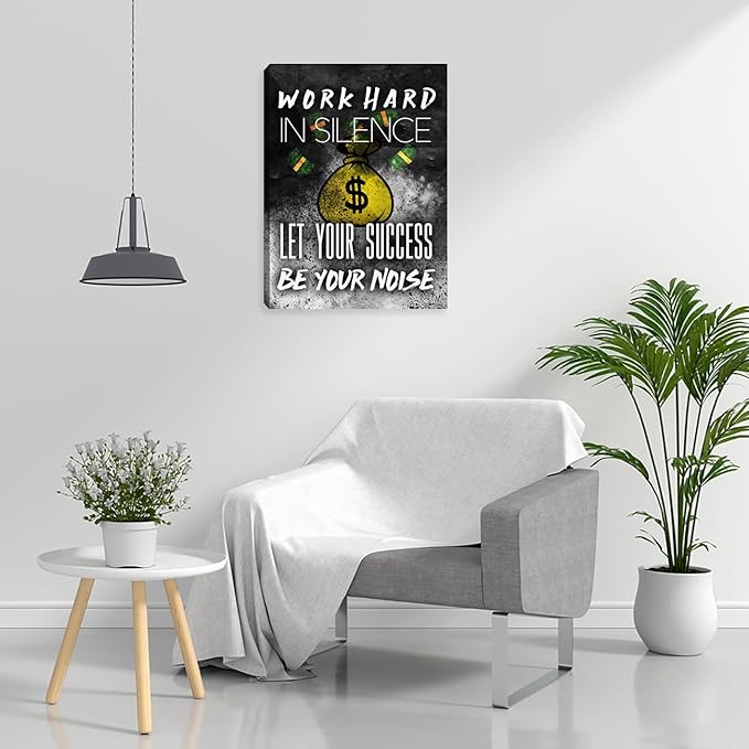Motivational Success Wall Art Inspirational Work Hard Picture Poster Prints Art Painting Black and White Positive Office Wall Decor Wall Decorations for Home Living Room Bedroom Framed 12"x16"