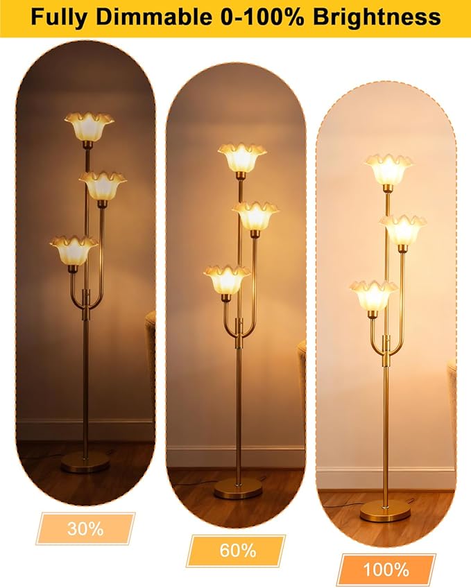 Lightdot 66IN Flower Floor Lamp 3-Lights Vintage Floor Lamps with 3000K Bulbs Included for Wedding Party Modern Dimmable Gold Tall Standing Lamp for Living Room/Bedroom/Sofa Beside/Corner Decor