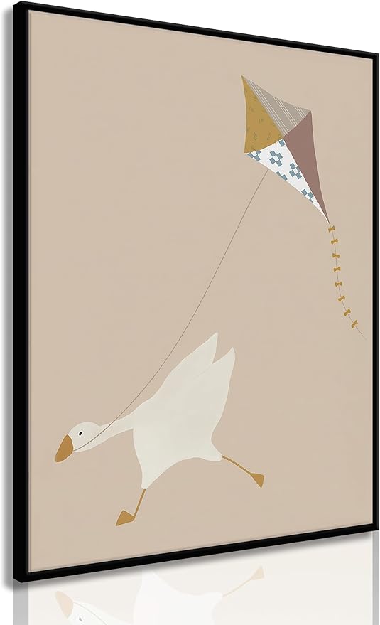 XXOUYLQ Cute Silly Goose Canvas Wall Art Goose flying a kite Posters Funny Animal Prints Pictures Beige Nursery Painting Neutral Kid's Room Wall Decor unframed
