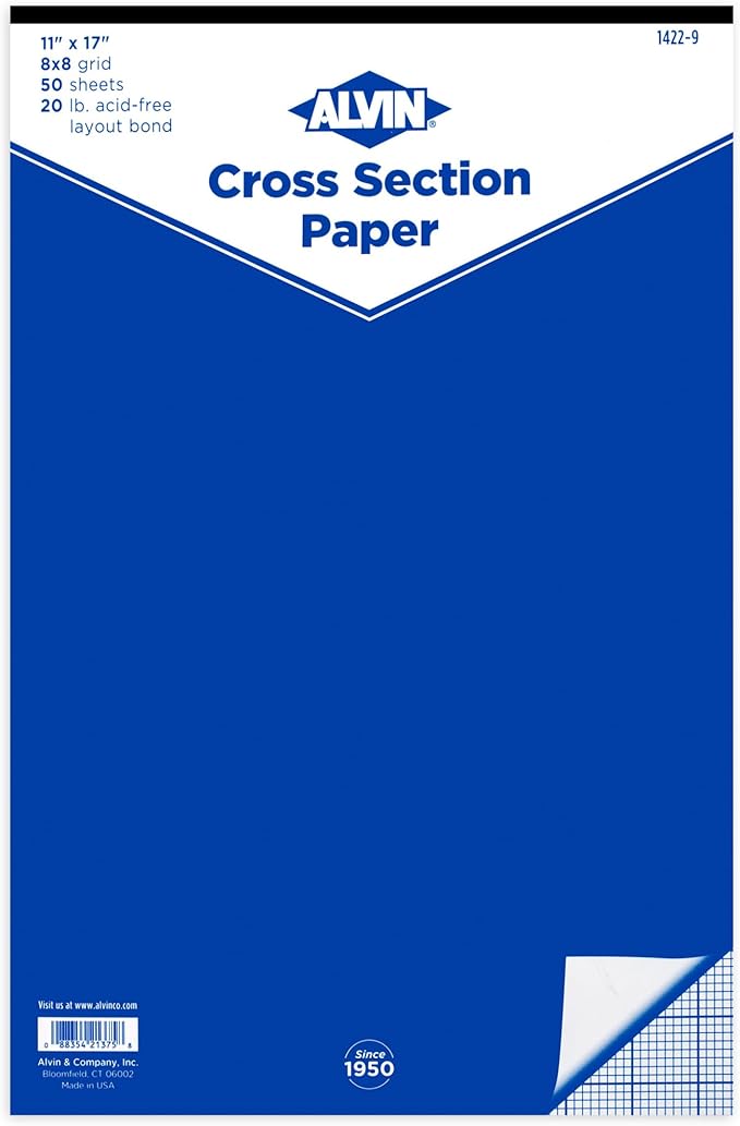 ALVIN 8x8 Grid Cross Section Paper Pad 11"x17" Model 1422-9 Acid-Free for Use with Pencil or Ink Laser Copier and Inkjet Compatible 50 Sheet Pad 11 x 17 Inch