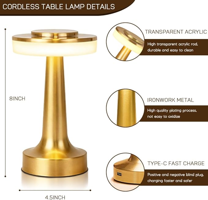 Cordless Metal Desk Lamp, Touch Sensor Control LED Table lamp,3 Color Stepless Dimmable Battery Powered Lamp for Living Room, Dorm, Home Office(Light Gold)