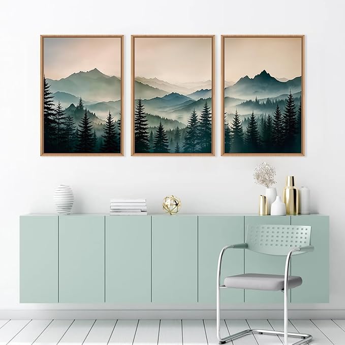HPNIUB Large Green Mountain Framed Canvas Wall Art,Boho Foggy Forest Wall Decor,Modern Watercolor Pine Tree Wall Painting,Nature Mountains Landscape Art Print for Living Room,Bedroom,Office- 24"x36"x3