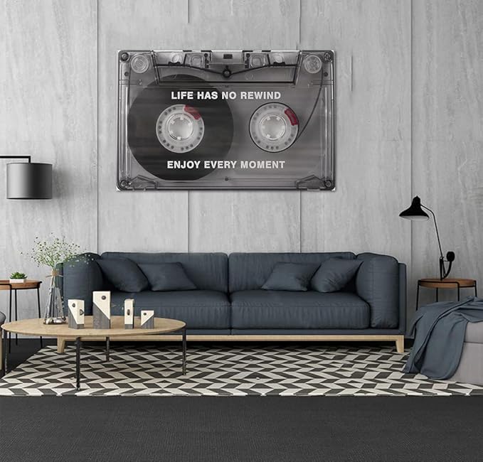 Life Has No Rewind Enjoy Every Moment-Inspirational Office Wall Decor Canvas Art Audio Cassette Framed Art Vintage Cassette Canvas Wall Art Motivational Gift Wooden Framed Ready to Hang-44x28 inches