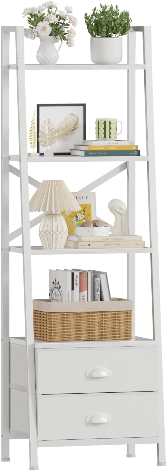 Furologee 4-Tier Ladder Shelf,Small Bookshelf with 2 Drawers,Vertical Bookcase Storage Rack Organizer,Display Bookshelves for Living Room,Bedroom,Bathroom,Home Office,Kitchen,White