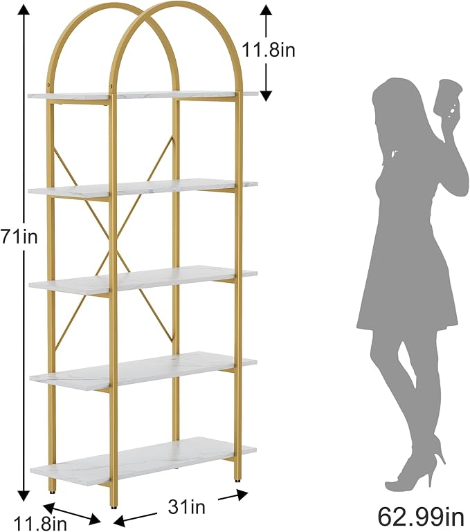 Arched Bookshelf 5 Tier Book Shelf, 31.5 Inch Width Industrial Arch Bookcase, Curved Tall Bookshelf with Open Shelves for Home Office, Living Room, Bedroom, Gold