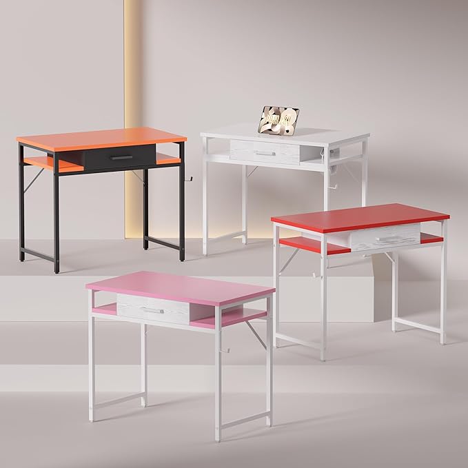 Pamray 32 Inch Small Computer Desk with Drawer and Shelves Simple Study Work Table for Bedroom Orange