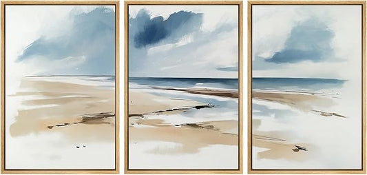 SIGNWIN Framed Canvas Print Wall Art Set Coastal Beach Horizon Blue and Tan Seascape Illustrations Modern Art Decorative Boho Relax/Zen Nordic for Living Room, Bedroom, Office - 24"x36"x3 Natural