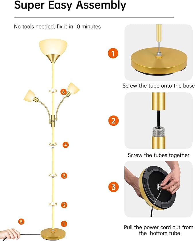 Floor Lamp, Torchiere Floor Lamps for Living Room, 71 Inch Tall Standing Lamp, Bedroom Lamps with Reading Light, Rotary Switch, 3 Plastic Lampshade, Torch Floor lamps for Bedroom (Gold, No Bulb)