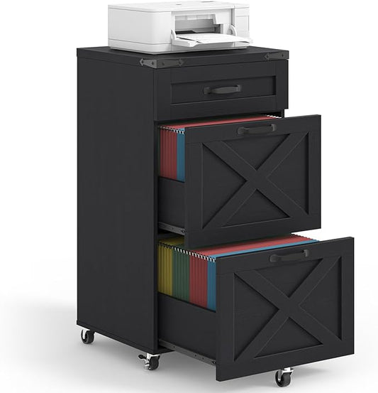 3 Drawer Small File Cabinet with Wheels, Farmhouse Vertical Filing Cabinet Fits Letter/A4 Size, Rolling File Cabinets Wooden Printer Stand for Home Office, Rustic Black