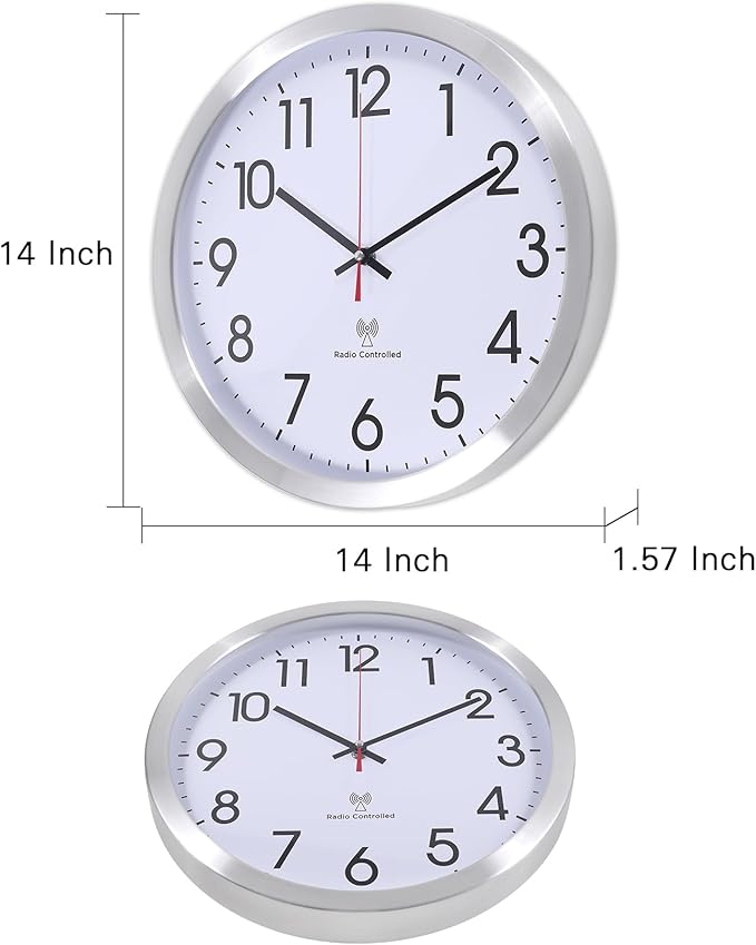 Atomic Analog Wall Clock, 14Inch Radio Controlled Sets Automatically Wall Clock, Aluminum Frame WallClock for Home School Office