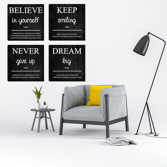 Halioyo Motivational Wall Decor, 4 Pieces Inspirational Wall Art Prints, Motivation Office Positive Quote Posters, Canvas Wall Decor for Home Living Room Classroom (12X12 Inches)