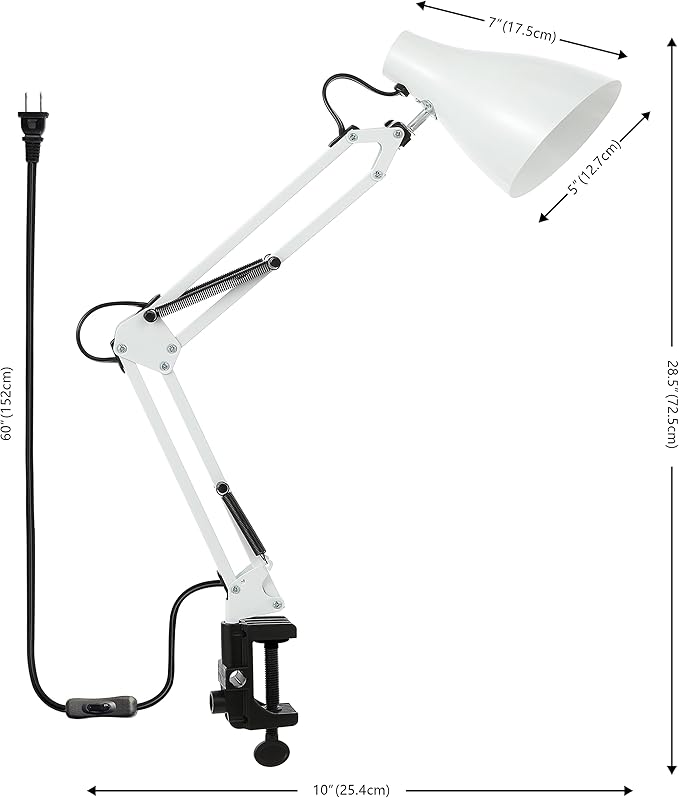 JONATHAN Y 28.5" White Odile Industrial Adjustable Clamp-On LED Task Lamp with Metal Shade, Vintage Articulated Desk Lamp for Home Office Studio, LED Bulb Included (JYL7125C)