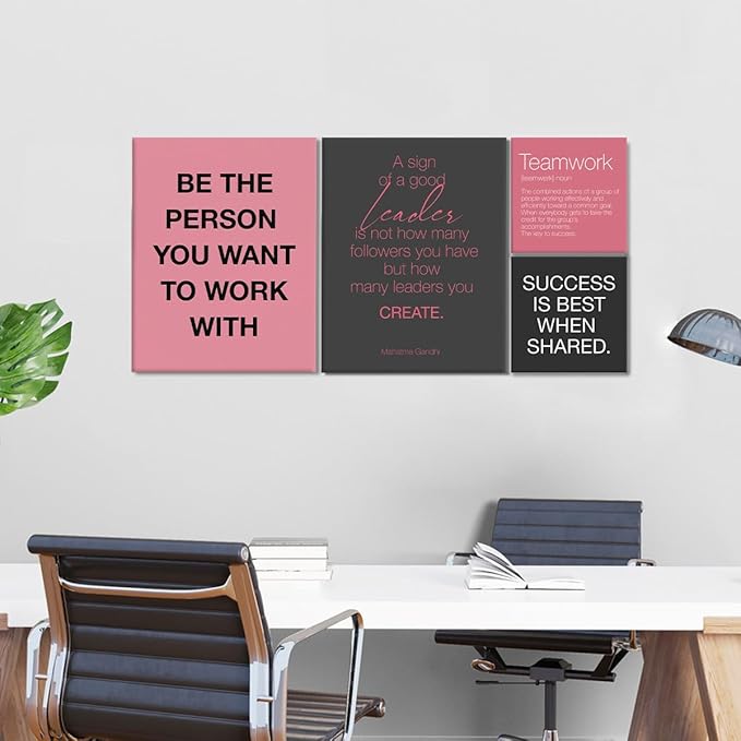 YEOION Inspirational Office Wall Art for Women,Motivational Teamwork Wall Decor for Office,Pink and Black Postive Quote Workplace Canvas Wall Art for Set of 6