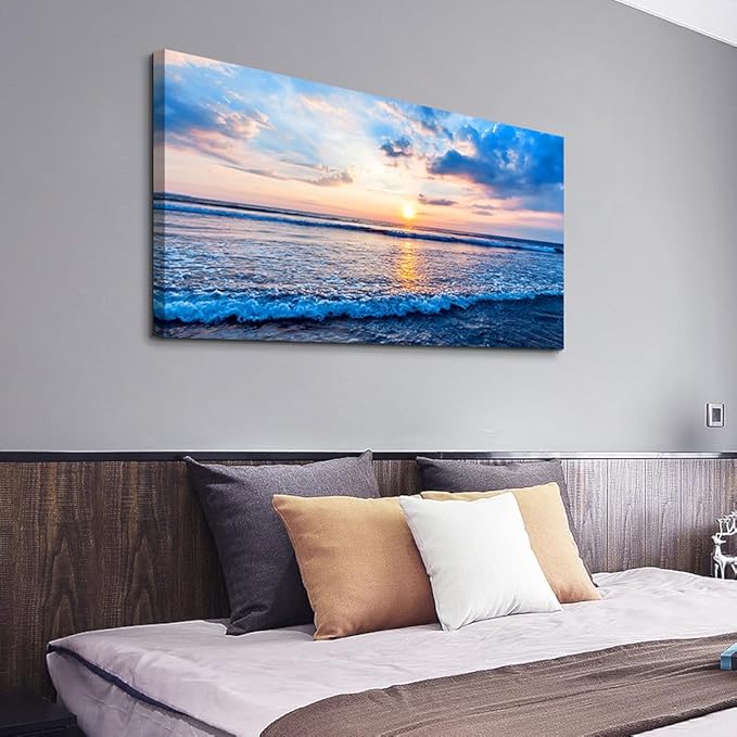 Wapluam Canvas Wall Art For Living Room Large Wall Decor Office Bedroom Home Decorations Blue Beach Ocean Sea Waves Landscape Wall Painting Posters Prints Pictures Wall Mural Artwork 24 X 48 in