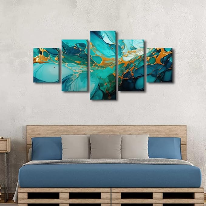 Abstract Canvas Wall Art Decor for Bedroom Modern Living Room Wall Art Abstract Seawater and Sediment Painting Artwork 5 Panel wall art for Office Decor Stretched and Framed Ready to Hang 60x32 in