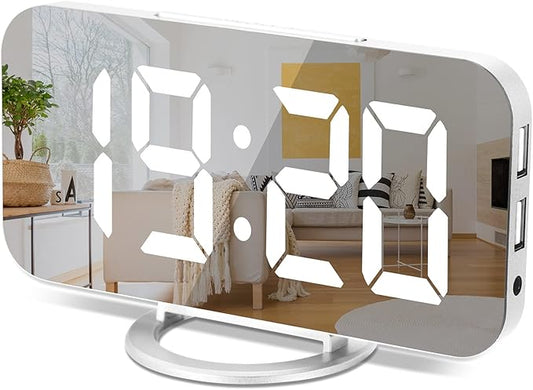 Sukeen Digital Alarm Clock,6" Large LED Display with Dual USB Charger Ports | Auto Dimmer Mode | Easy Snooze Function, Modern Mirror Desk Wall Clock for Bedroom Home Office for All People (White)